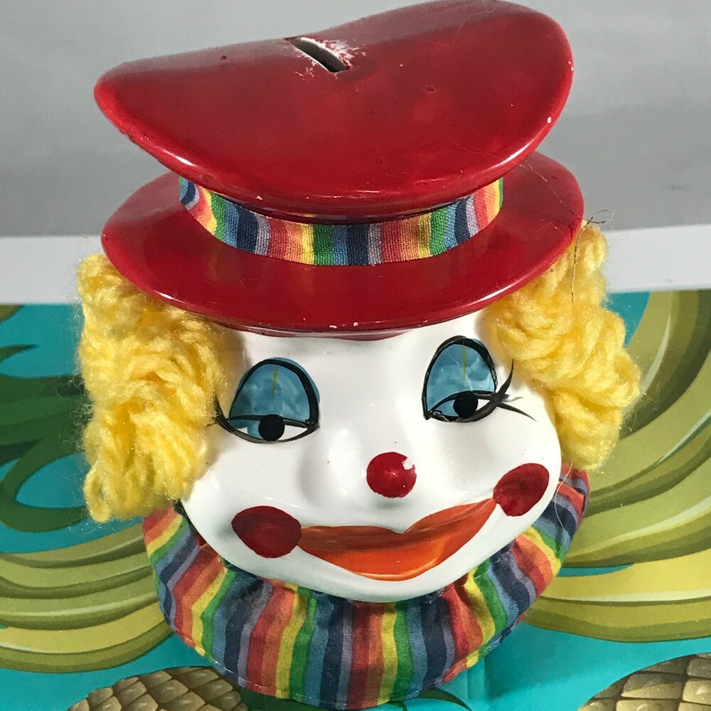CLOWN BANK Ceramic Taiwan Yarn Hair Fabric Ruffle Rainbow 5 Inch Circus Vtg